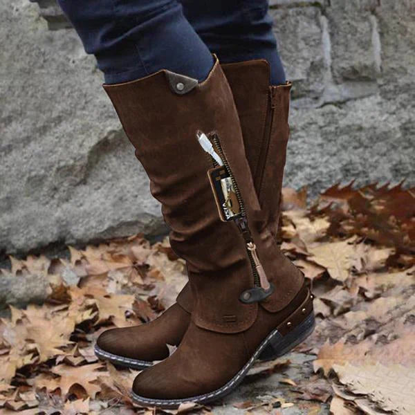 Kirsten | Bottes vintage à Genoux avec pochette à Fermeture éclair et talon aiguille à rivets