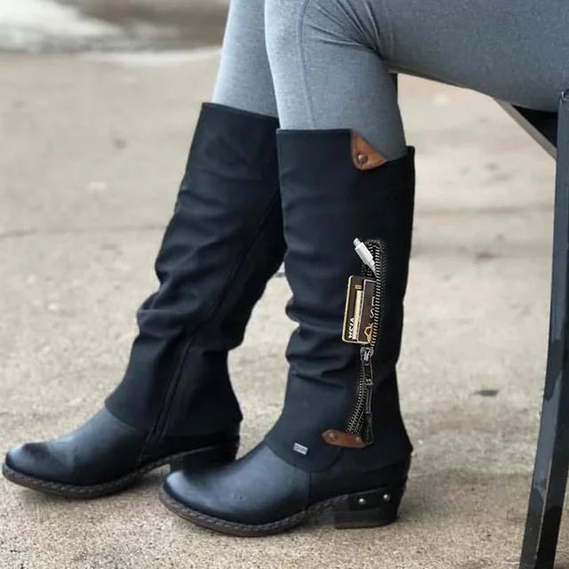 Kirsten | Bottes vintage à Genoux avec pochette à Fermeture éclair et talon aiguille à rivets