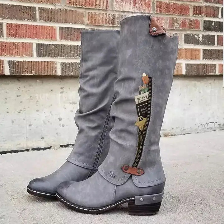 Kirsten | Bottes vintage à Genoux avec pochette à Fermeture éclair et talon aiguille à rivets